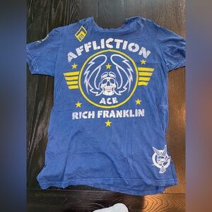 Affliction Blue Tee with Yellow and White Graphics